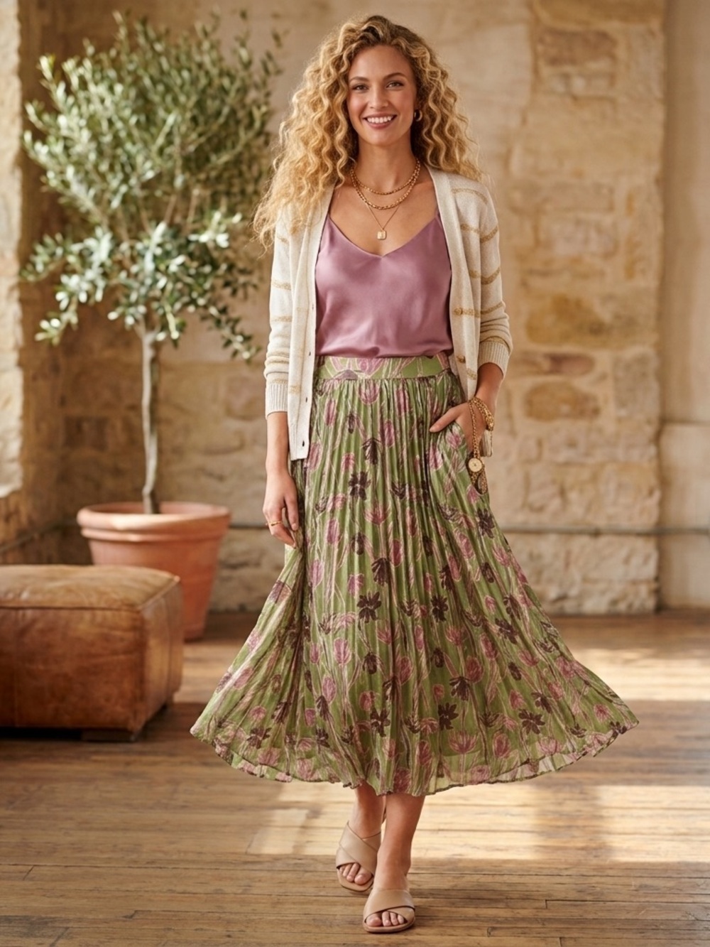 Pleated Floral MaxiSkirt in Olive Green and Pink